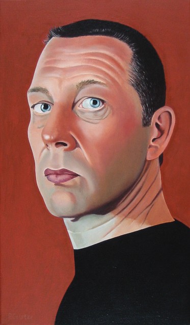 Oil painting by Peter Colstee as a selfportrait in realistic style looking towards the spectator in orange background color
