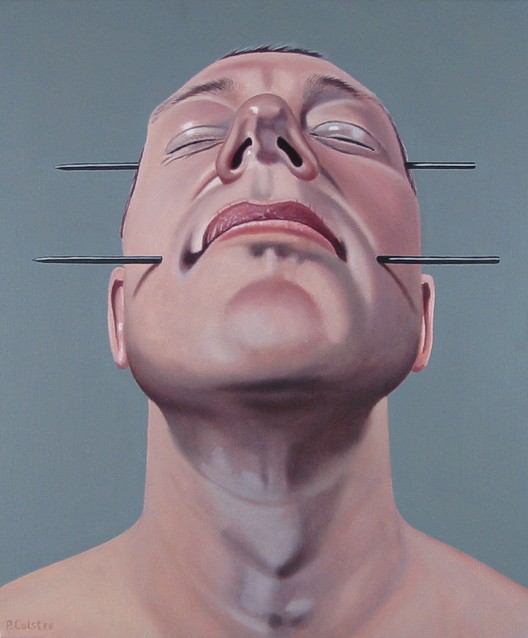 Surrealistic oil painting by Peter Colstee as a smiling selfportrait with his head backwards and two pins through his head in light grey background color