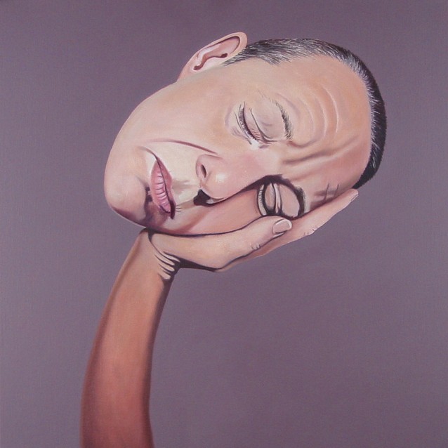 Surrealistic oil painting by Peter Colstee as a selfportrait holding a floating sleeping head in his hand with light purple background color