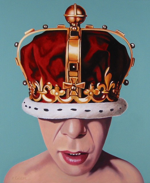 Oil painting by Peter Colstee as a stupid selfportrait with a crown on his head falling over his eyes with open mouth in bright blue background color
