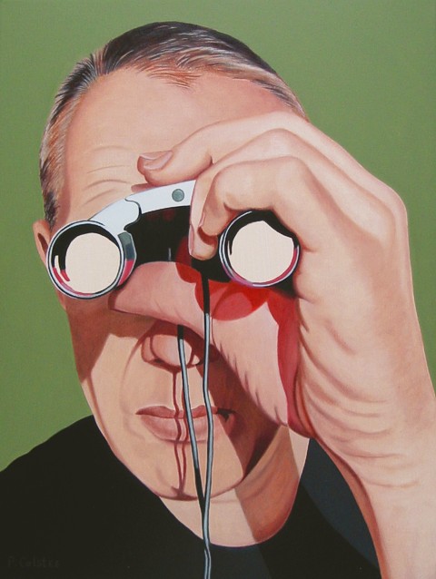 Oil painting by Peter Colstee as a selfportrait watching the spectator through a viewer in light green background color