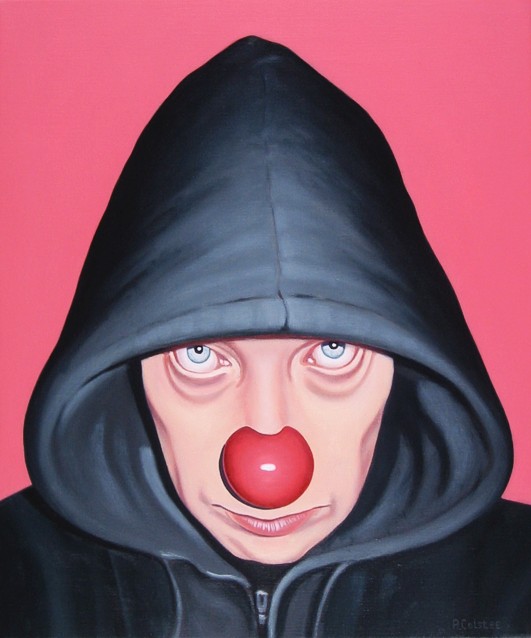 Oil painting by Peter Colstee as a selfportrait with a  black cap over his head and a red clowns nose in pink background color