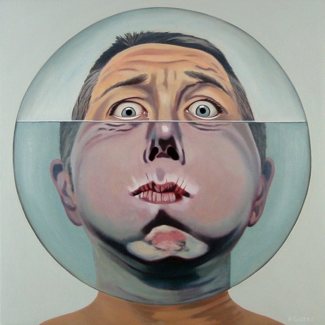 Surrealistic oil painting by Peter Colstee as a selfportrait with his head in a bowl filled with water at his nose and big gazing eyes in a light blue background color