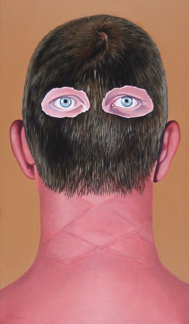 Surrealistic oil painting by Peter Colstee as a selfportrait from behind  with eyes in the back of his head in light orch background color