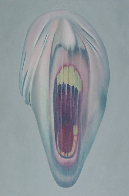 Surrealistic oil painting by Peter Colstee as a selfportrait screaming like in the painting of Edvard Munch in light blue background color