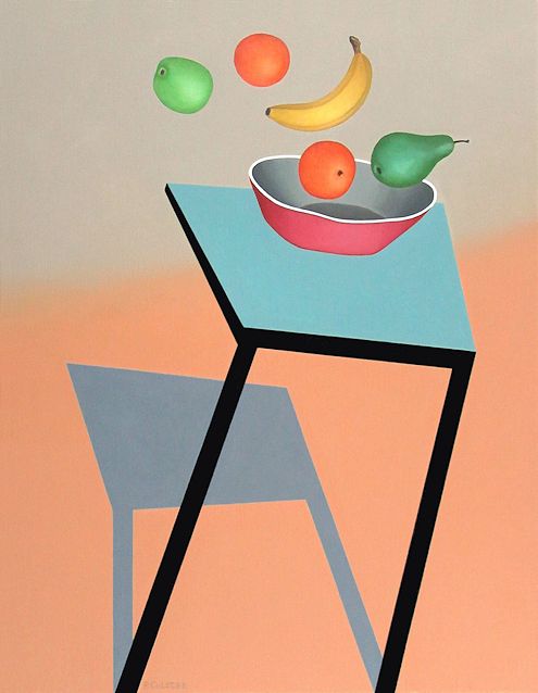 painting by Peter Colstee of still life with flying fruit