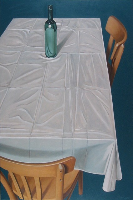 Realistic oil painting by Peter Colstee of a still life with one bottle on a table with white table-cloth and two chairs around it