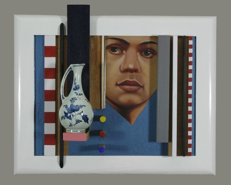assenblage by Peter Colstee of still life with vase and portrait