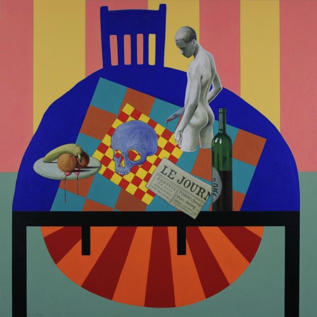 acrylic painting of still-life on a table in bright colors with a boy, a knife and blood
