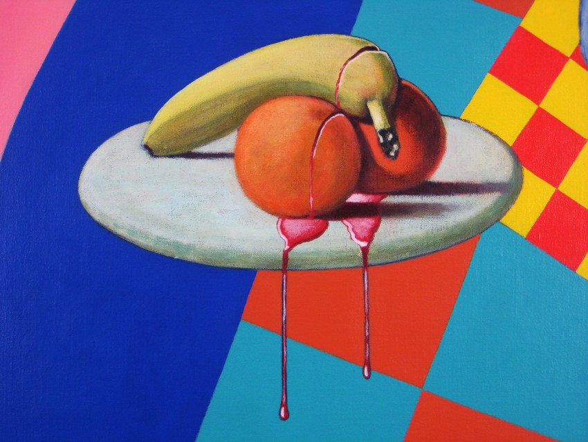 acrylic painting of still-life on a table in bright colors with a boy, a knife and blood