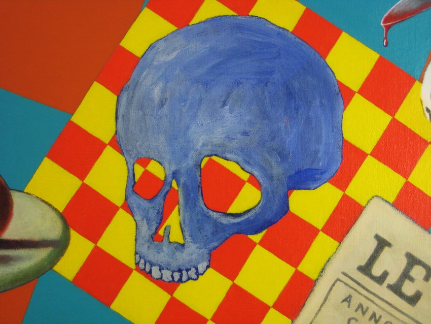acrylic painting of still-life on a table in bright colors with a boy, a knife and blood