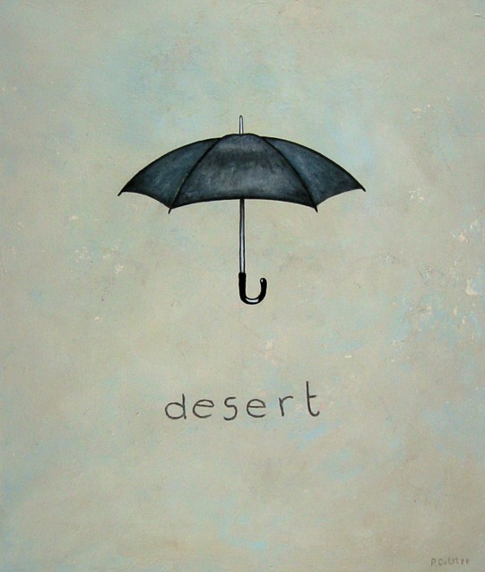 Realistic oil painting by Peter Colstee of a small opened umbrella in the middle of the painting with the word desert
