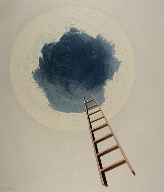 Realistic oil painting by Peter Colstee of a ladder reaching to a black hole