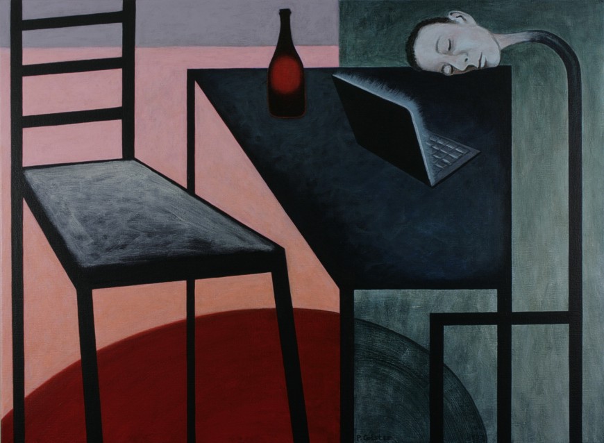 painting by Peter Colstee of sleeping face and laptop