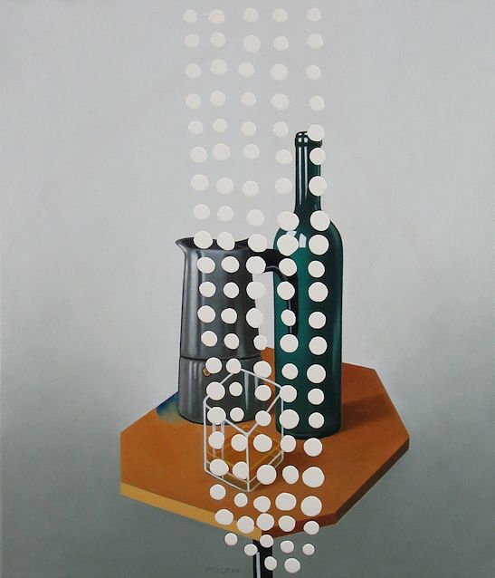 painting by Peter Colstee of still life with bottle and white dots
