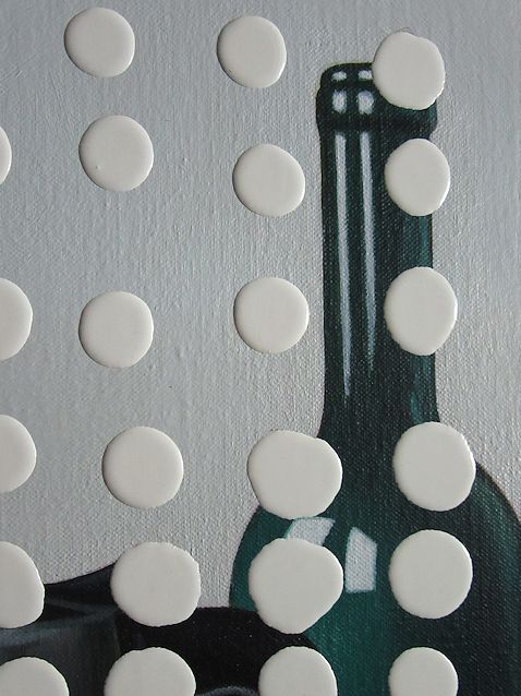 painting by Peter Colstee of still life with bottle and white dots