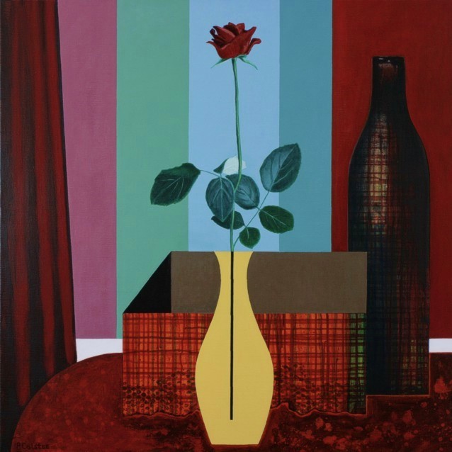 painting by Peter Colstee of still live in red with rose