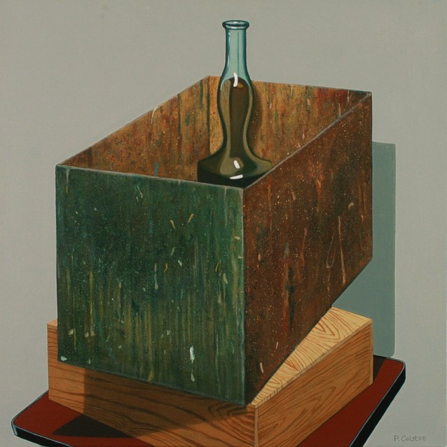 Realistic oil painting by Peter Colstee of a still life with cardboard box and a glass bottle on a table in light grey background color