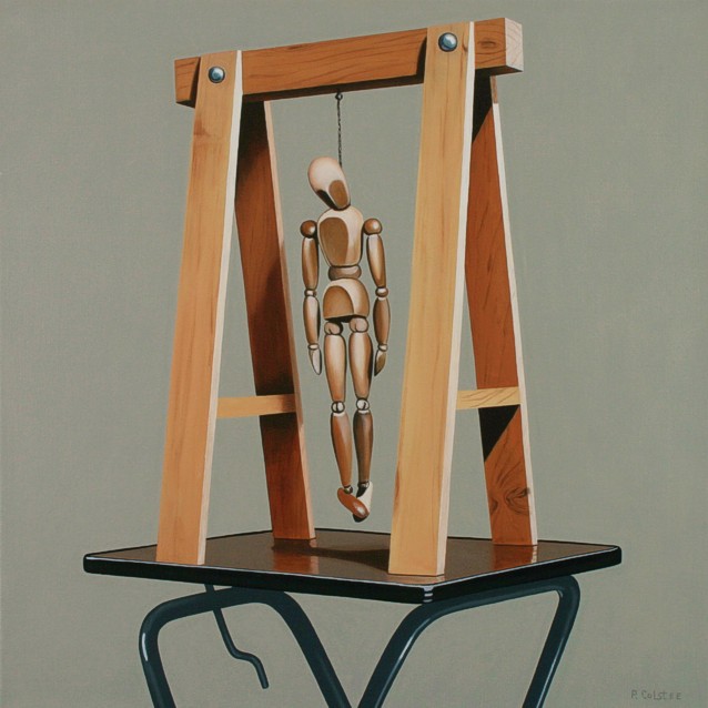 Realistic oil painting by Peter Colstee of a still life with wooden frame on a table with a hanging wooden doll in light grey background color