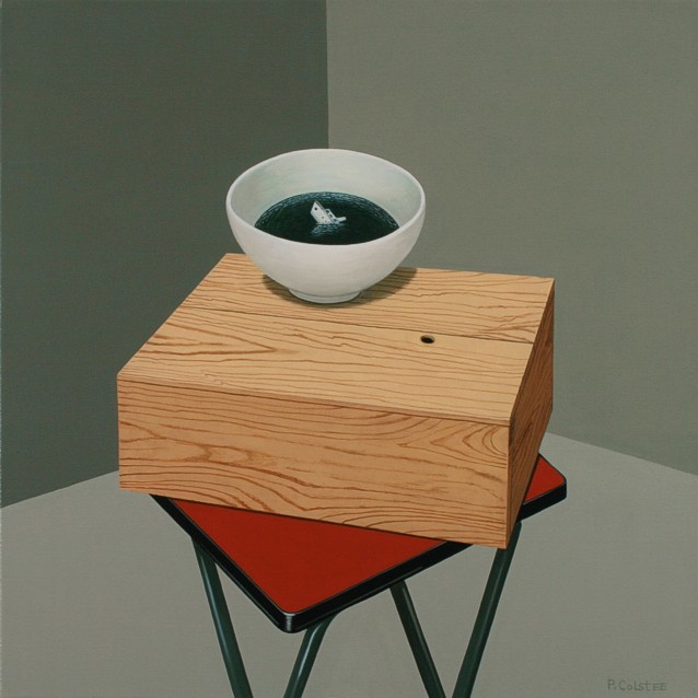 Realistic oil painting by Peter Colstee of a still life with wooden box on a table with a white bowl with water and a sinking boat in it in grey background colors