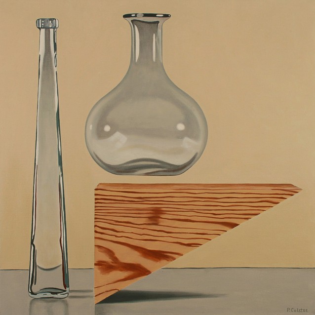Realistic oil painting by Peter Colstee of a still life with wooden box and floating glass bottles in light orch background colors