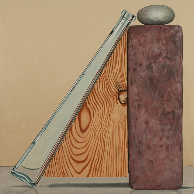 Realistic oil painting by Peter Colstee of a still life with wooden block and stone with a leaning glass bottle in a light orch background color